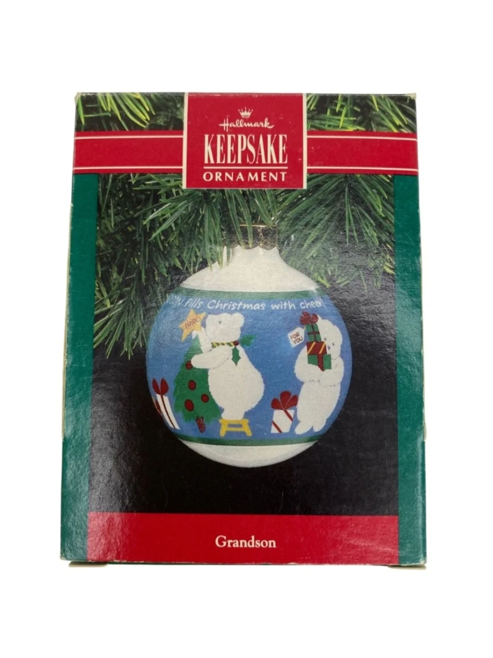 Vintage Hallmark Ornament for Grandson with Polar Bears Playing Blue White 1990